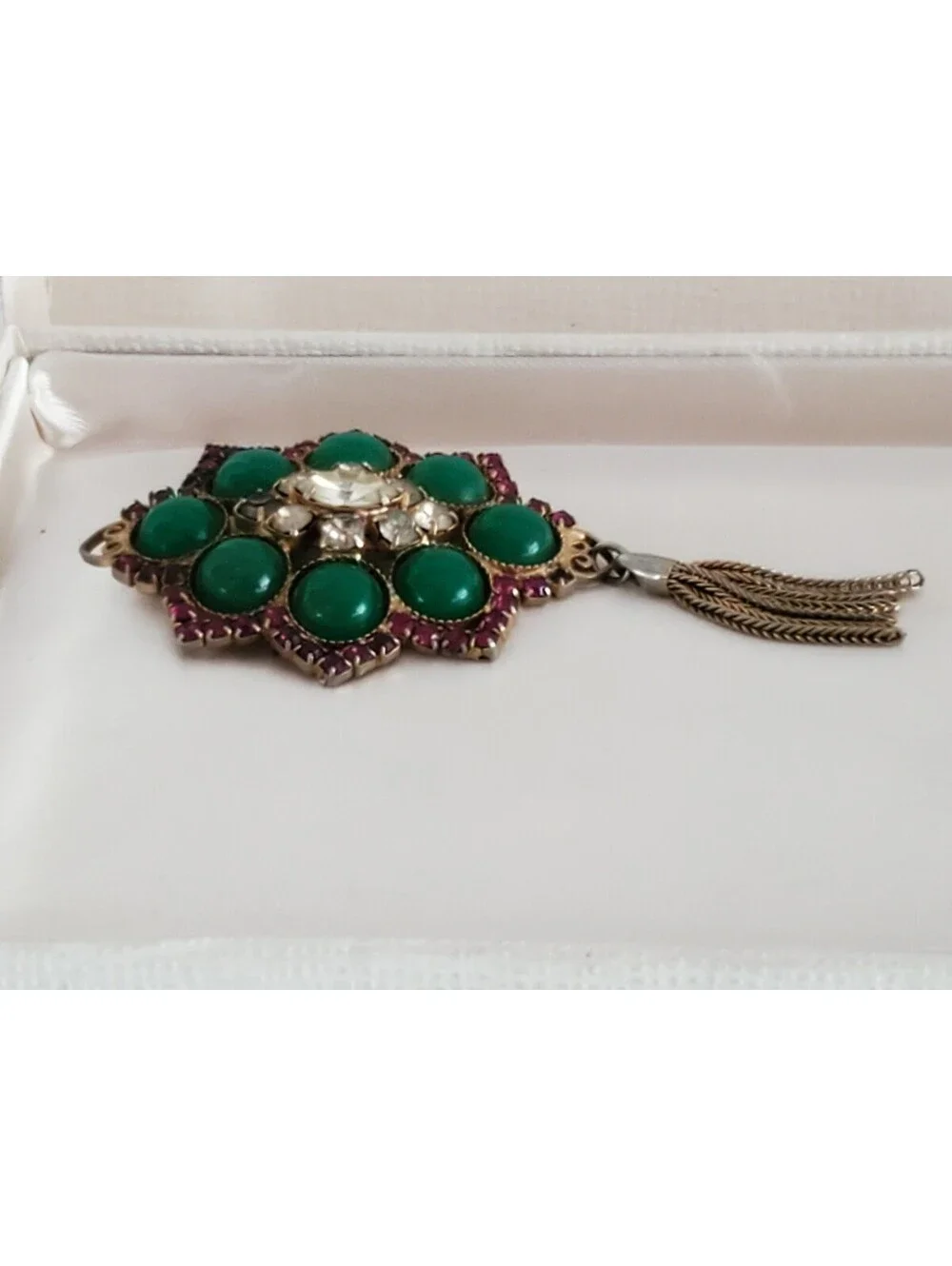 Vintage Green Cabochons Purple Rhinestone Mesh Dangle Brooch